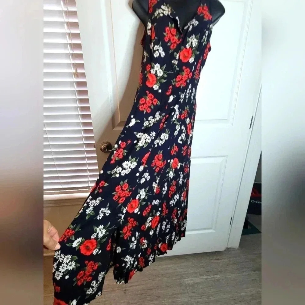 Gayla Bentley Floral Sleeveless Maxi Smock Dress Navy Red White - Picture 2 of 9